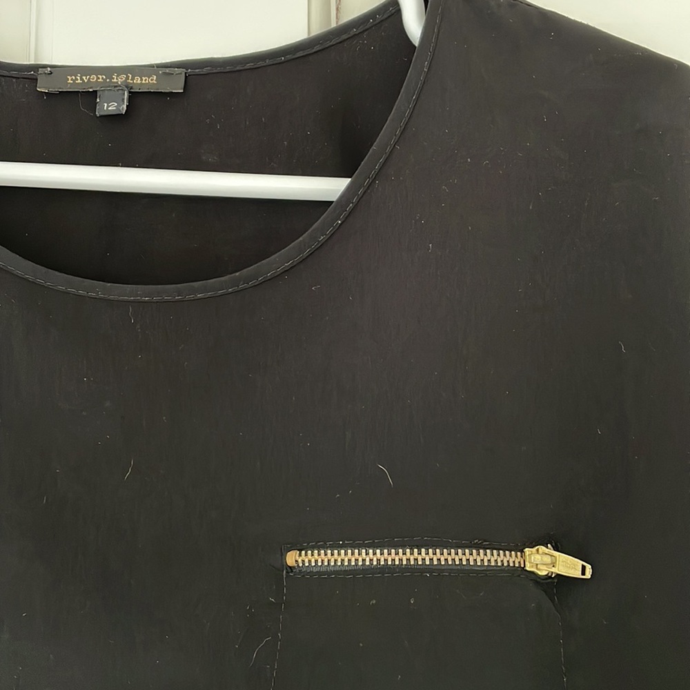 RIVER ISLAND shirt size 12 black top shortsleeve mesh detail gold zip blouse - Picture 3 of 5
